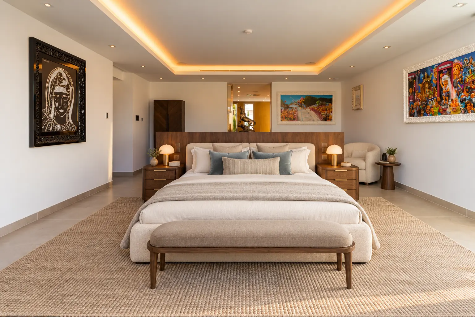 Dormitorio principal contemporáneo y cálido con madera de nogal en Villa Alba, Marbella