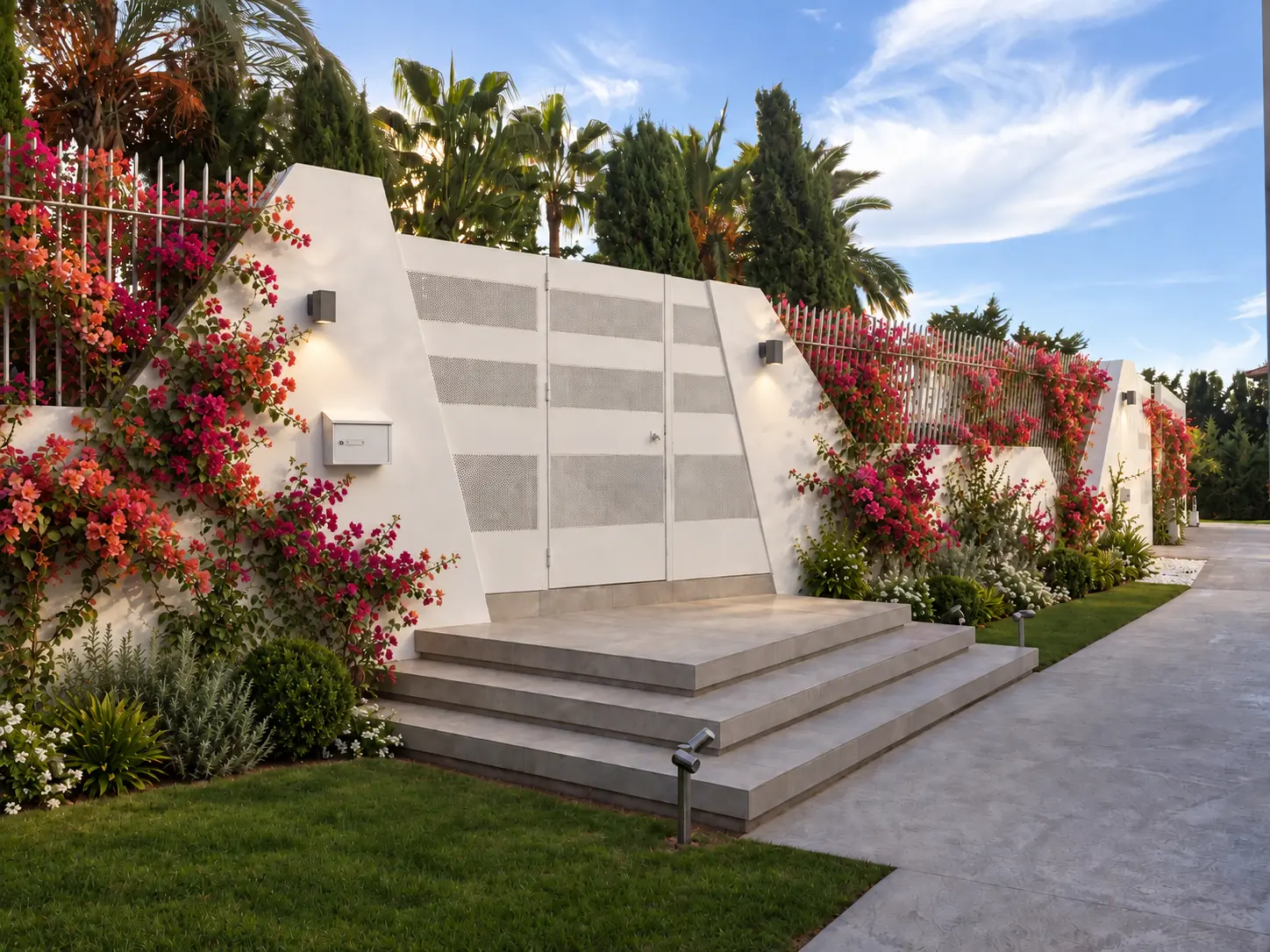 Jardín con buganvillas y escalera exterior de piedra en Villa Alba, Marbella