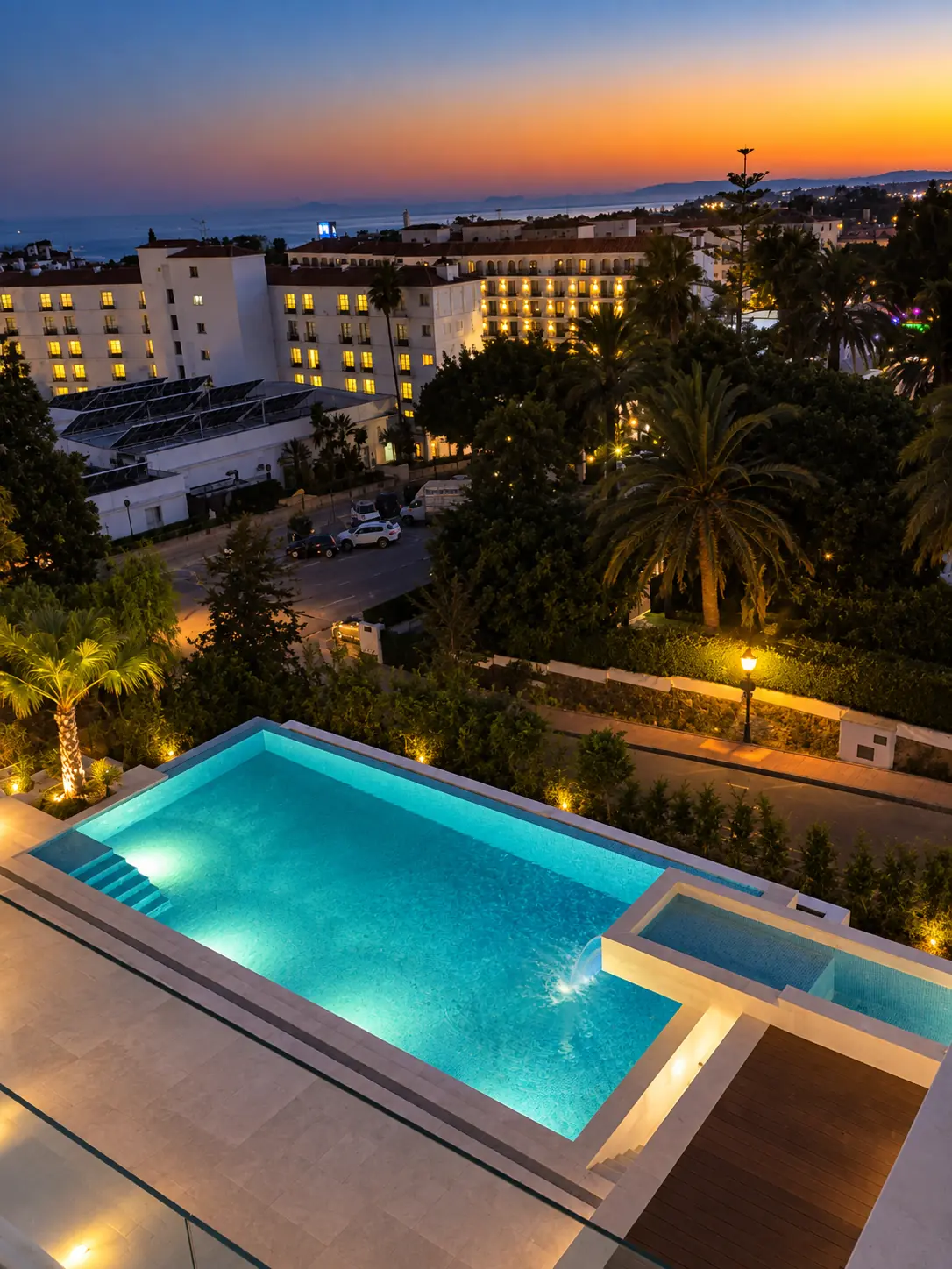 Piscina y terraza con vistas a Marbella al atardecer desde Villa Alba, La Pera