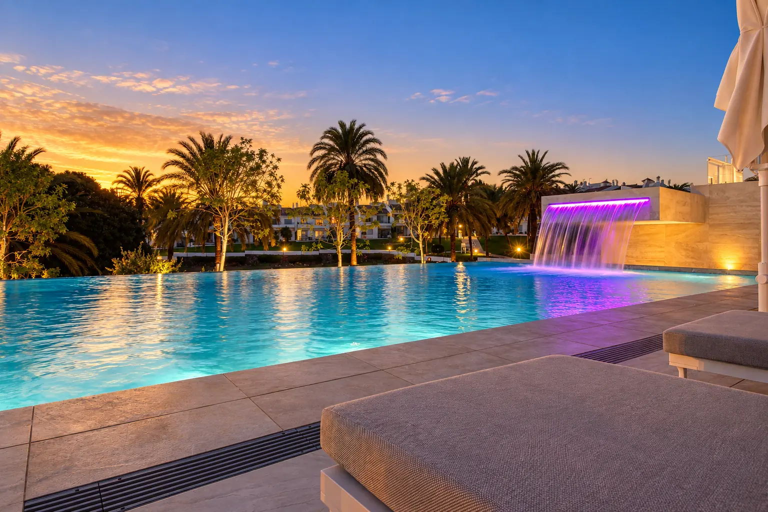 Piscinas de nado y recreo unidas por una cascada al atardecer en Villa Alba, La Pera, Nueva Andalucía, Marbella
