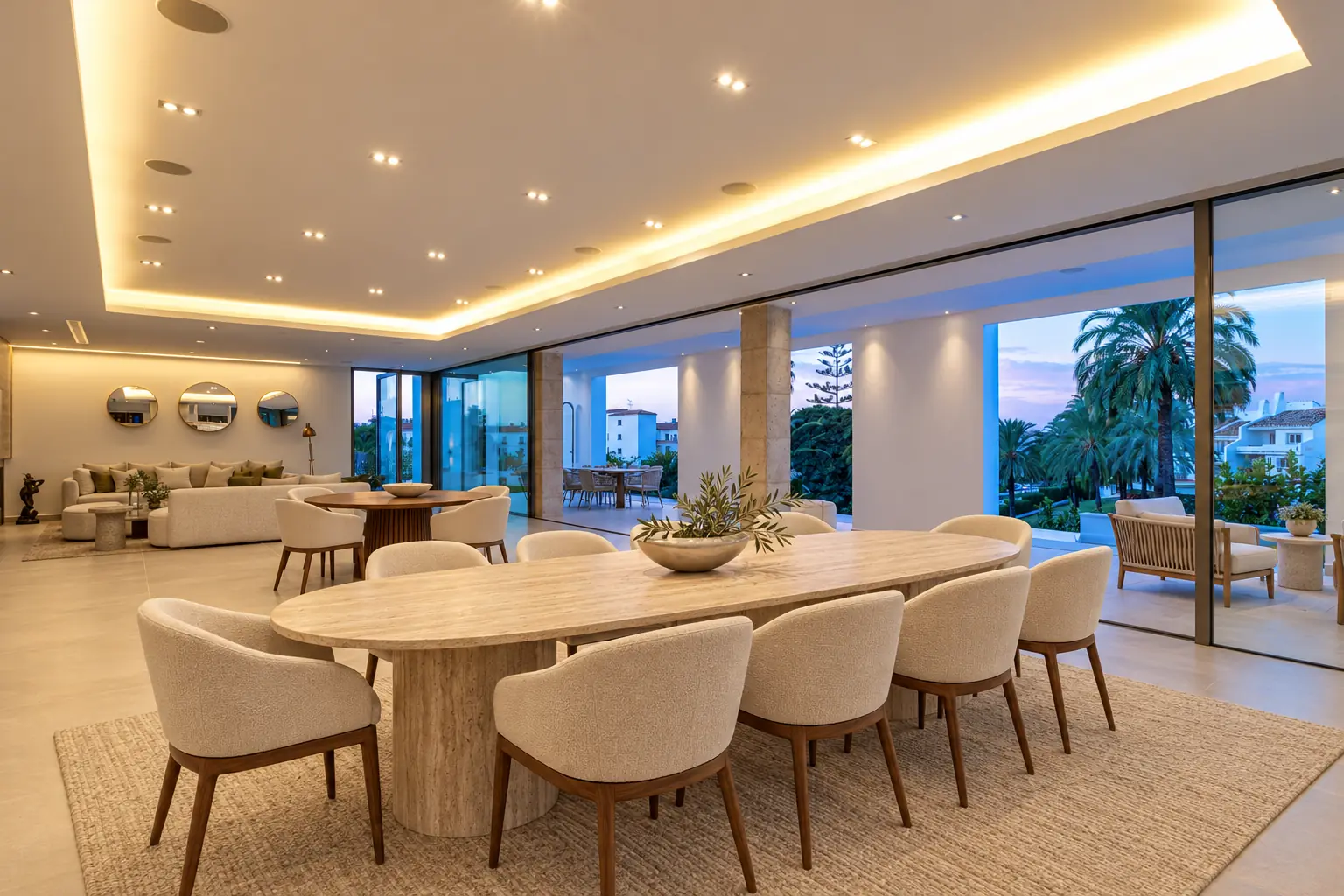 Salón comedor luminoso con cocina integrada y vistas al jardín en Villa Alba, Marbella
