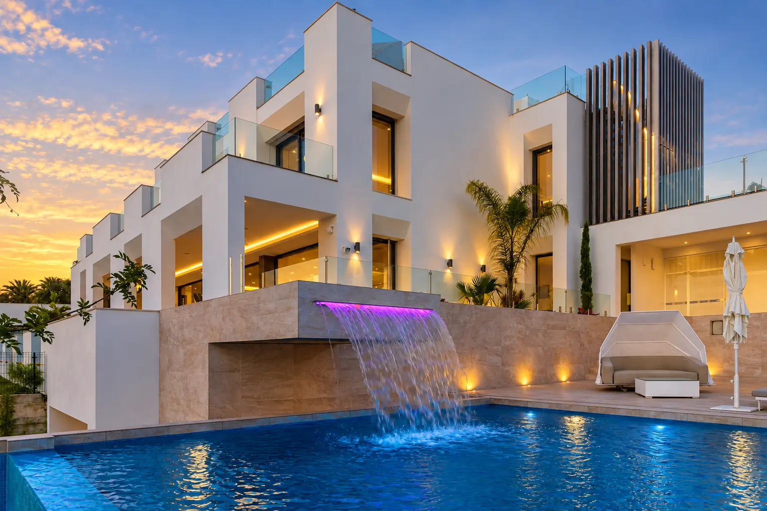 Villa Alba con piscina y cascada iluminada al atardecer, arquitectura mediterránea contemporánea en Marbella
